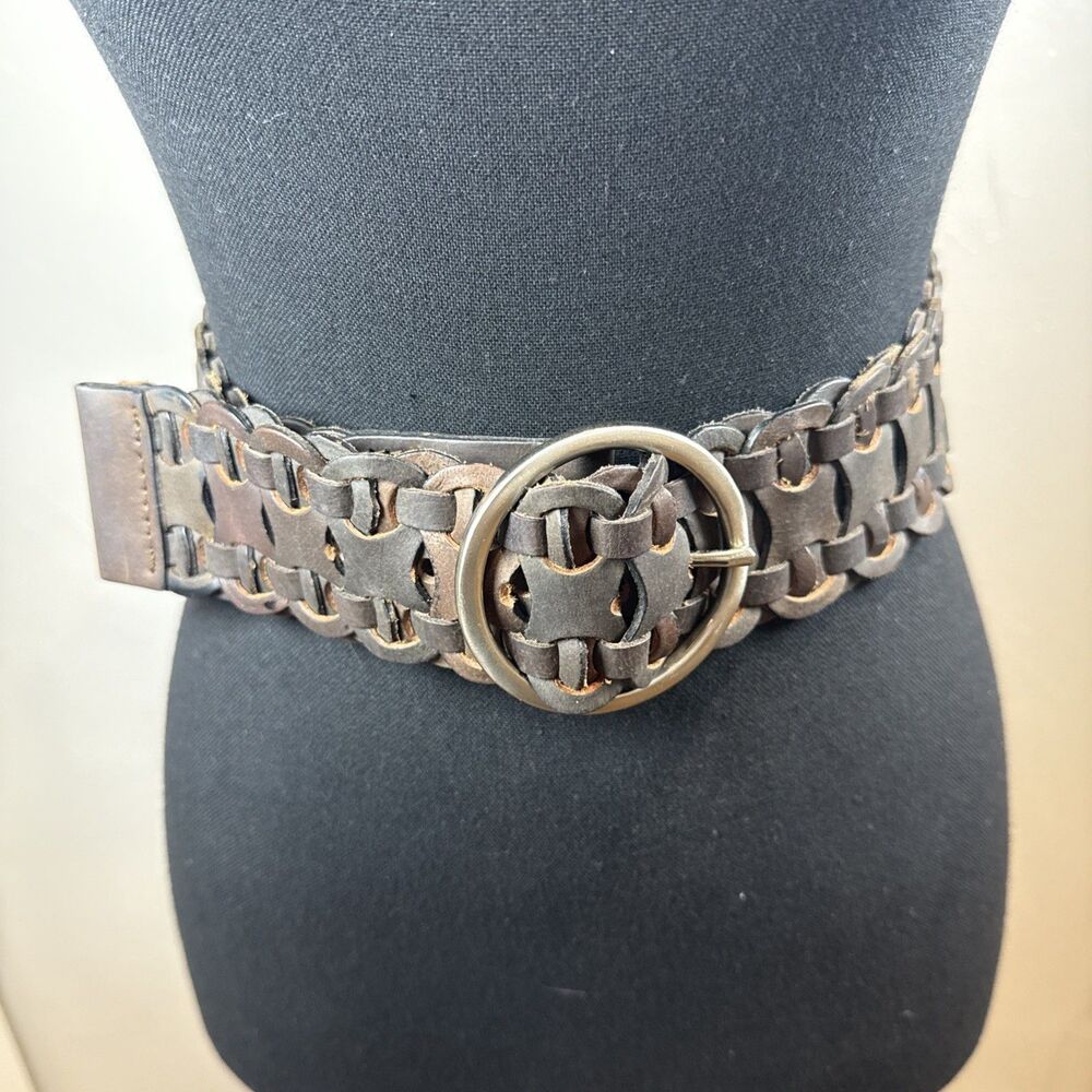 Brown Woven Linked Leather Belt with Silver Colored Round Buckle Size Medium